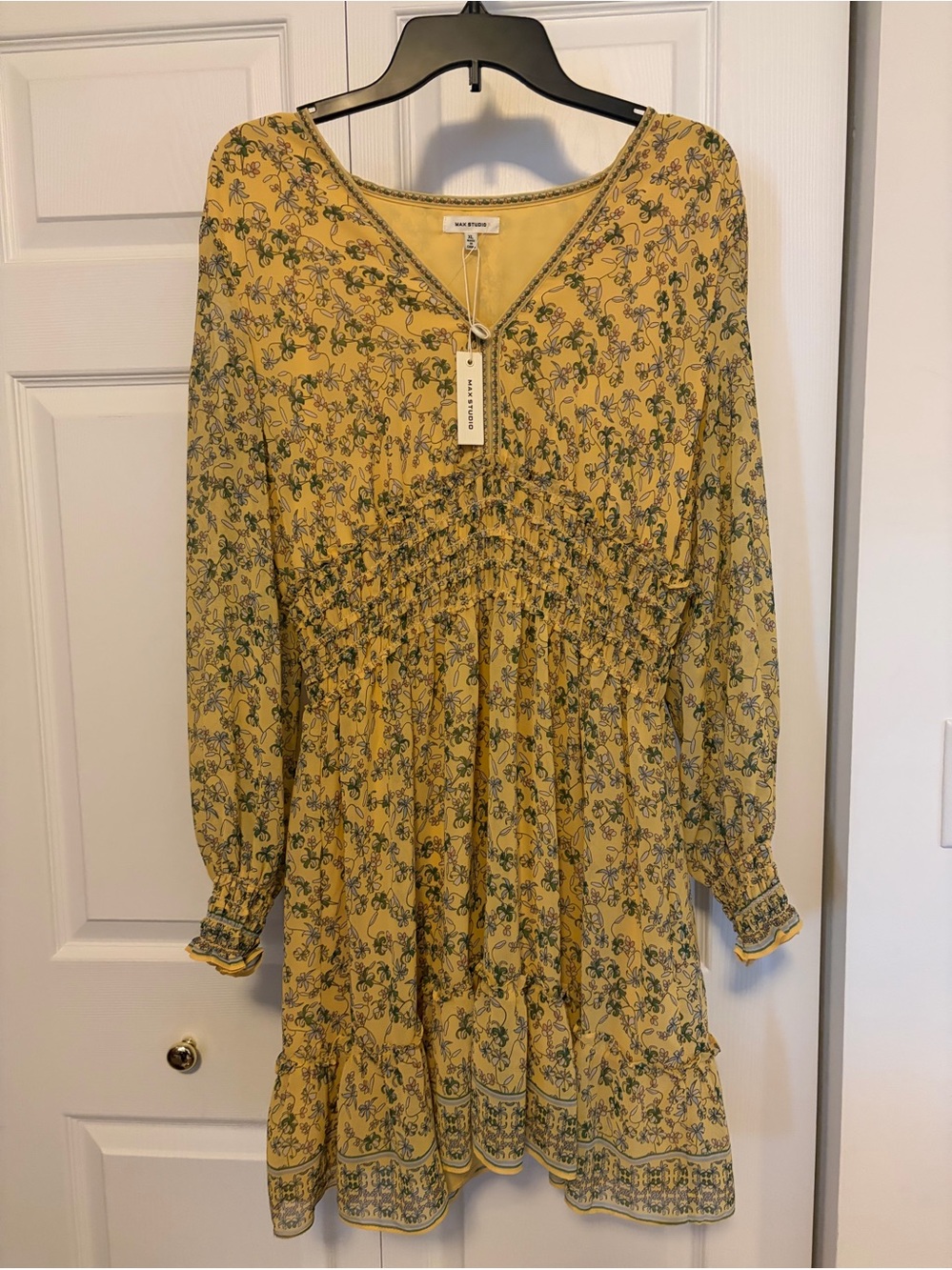 Max Studio Yellow Floral V-Neck Smocked Waist Long Sleeve Dress